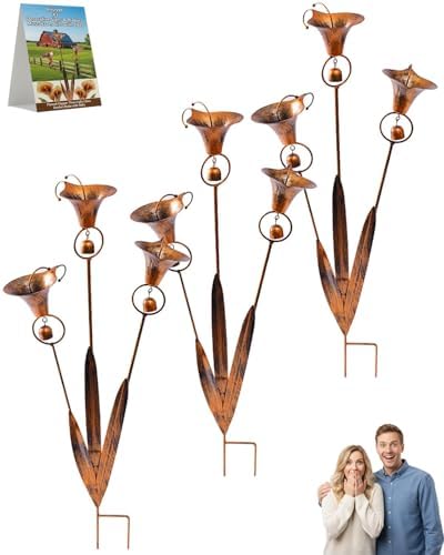 2026 Flamed Copper Three Calla Lilies Garden Stake with Bells, Rain Catcher Flower Handmade 24inch Large Whimsical Metal Plant Sculpture Yard Art Decor, Rustic Wind Chime Ornament Gift by Unknown
