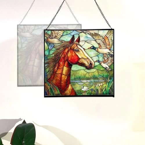 Bay Roan Horse Watching Geese Fly Over Meadow Square Suncatcher – Stained Glass Style Window Panel with Pastoral Scene, Custom Decorative Hanging Art for Equestrian Home, Christmas 1YhChC - Image 4