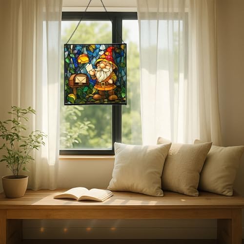Gnome Mail Delivery Stained Glass Suncatcher – Square Hanging Window Panel for Home or Greenhouse – Whimsical Glass Art Gift for Garden Lovers, Christmas, Halloween, Father Days wzepyO - Image 7