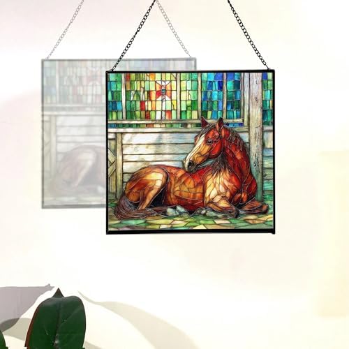 Chestnut Morgan Horse Resting Near barn Window Square Suncatcher – Stained Glass Style Window Panel with Pastoral Scene, Custom Decorative Hanging Art for Equestrian Home, Christmas 7IfYQe - Image 4