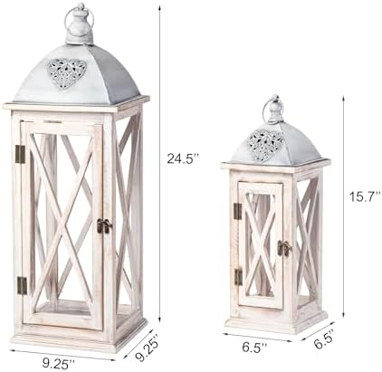 Set of 2 Large Farmhouse Wooden Metal Lanterns, Rustic Decorative Floor Candle Lanterns, Whitewash Distressed Hanging Lanterns for Home Decor (No Glass) - Image 5
