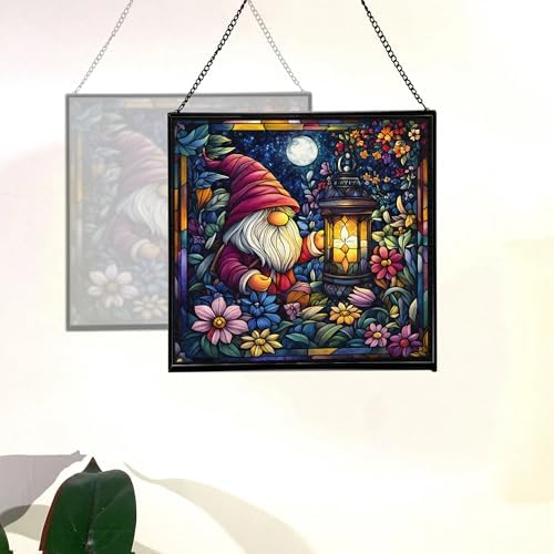 Candlelight Gnome Night Stained Glass Suncatcher – Square Hanging Window Panel for Home or Greenhouse – Whimsical Glass Art Gift for Garden Lovers, Christmas, Halloween, Father Days 69ifQy - Image 4