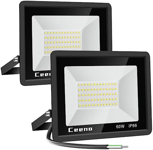 Ceena 2 Pack 60W Hardwired LED Flood Light Outdoor, 6000lm Super Bright Floodlight, IP66 Waterproof 6000K Daylight White Exterior Lights for Garage, Yard, Patio, Front Door by Ceena