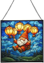 Gnome with Lantern Balloons Stained Glass Suncatcher – Square Hanging Window Panel for Home or Greenhouse – Whimsical Glass Art Gift for Garden Lovers, Christmas, Halloween, Father Days zvm4QW by Custom