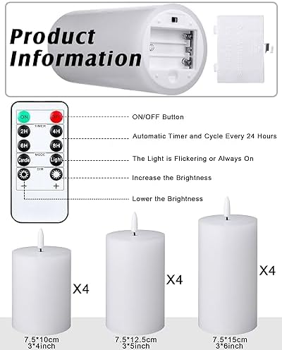 VIHOSE 12 Pack White Flameless Candles Set with Remote and Timer Flickering Flameless Battery Candles Flat Top LED Pillar for Wedding Outdoor Home Festival Decoration(D 3'' H 4'' 5'' 6'') - Image 2
