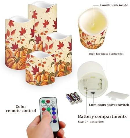 Fall Maple Leaf Pumpkin Flickering Flameless Candles with Remote LED Pillar Candles Battery Operated with Timer Color Changing Electric Candles for Thanksgiving Day Home Kitchen Decor - Image 3