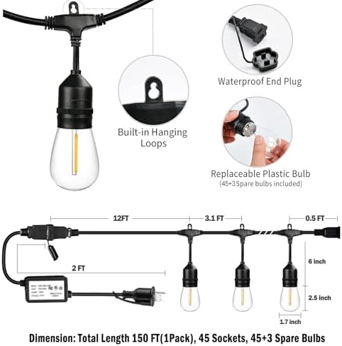 1Pack 150ft Outdoor String Lights with Remote Patio Lights 45+3 Bulbs - Image 5