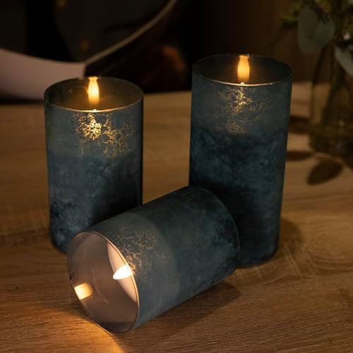 Blue Flameless Candles with Remote Ocean Glass LED Pillar Candles Set of 3 - Image 3