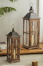 Large Farmhouse Wooden Decorative Lantern Set of 2, Rustic Distressed Brown Burnt Wood Floor Candle Lanterns, Indoor/Outdoor Hanging Lanterns for Home Decor (No Glass) - Image 7