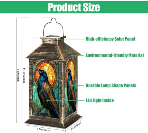 Solar Lantern Stained Glass Raven Vibrant Feathers Golden Sun Wildlife Art Outdoor Waterproof Hanging Solar Light Outside Lights for Patio Yard House Lawn Decor Birthday Gifts for Women Mom - Image 2
