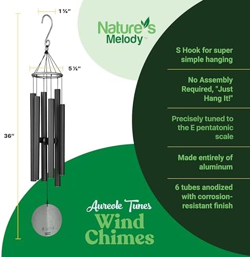 Nature’s Melody Aureole Tunes Wind Chimes – Outdoor Windchime with 6 Tubes Tuned to E Pentatonic Scale, 100% Rustproof Aluminum, Powder Finish & S Hook Hanger for Sympathy, Memorial Gift or Zen Garden - Image 6