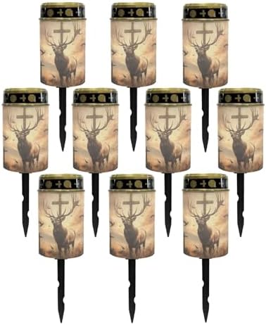 Poceacles 10 Pack Cross Solar Lights Cemetery Solar Lights for Grave Solar Candle Solar Lantern Light Walkway Lights Waterproof Landscape Lighting for Loss of Loved One, Deer Cross Dove of Peace Brown by Poceacles