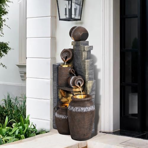 5-Tiers Garden Fountains Outdoor W/LED Light, Modern Fountain Waterfall Floor-Standing Cascading Water Feature for Patio Deck, Porch, Yard Decor (31.5" H) - Image 6