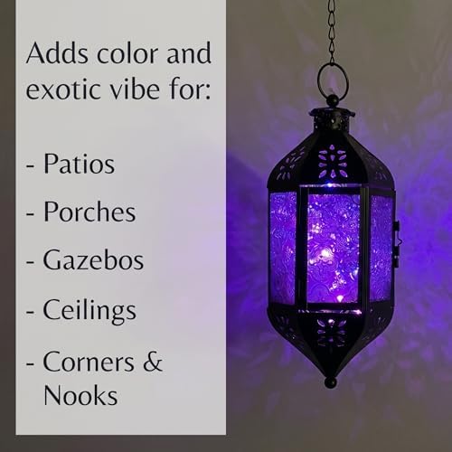 Vela Lanterns Hanging Moroccan Lantern with LED Twinkle Fairy Lights - Exotic Decorative Patio & Porch Decor, Indoor Outdoor Candle Lamp Holder with Chain (13" Large, Purple Glass) - Image 2
