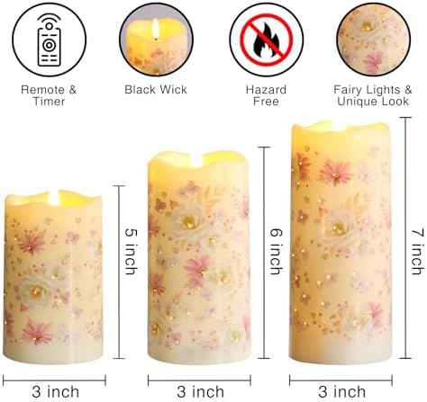 Eywamage Floral Fiber Optic Flameless Pillar Candles with Remote Set of 3 - Image 2