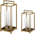 Set 2 Modern Metal Lantern with Twisted Rope-style Frame In Antique Brass with Glass Hurricane For Pillar, String Light. Centerpiece, Mantel, Ambient Lighting, Farmhouse, Transitional, Patio, Entryway by Unknown