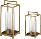 Set 2 Modern Metal Lantern with Twisted Rope-style Frame In Antique Brass with Glass Hurricane For Pillar, String Light. Centerpiece, Mantel, Ambient Lighting, Farmhouse, Transitional, Patio, Entryway by Unknown