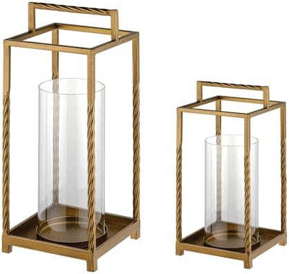 Set 2 Modern Metal Lantern with Twisted Rope-style Frame In Antique Brass with Glass Hurricane For Pillar, String Light. Centerpiece, Mantel, Ambient Lighting, Farmhouse, Transitional, Patio, Entryway by Unknown