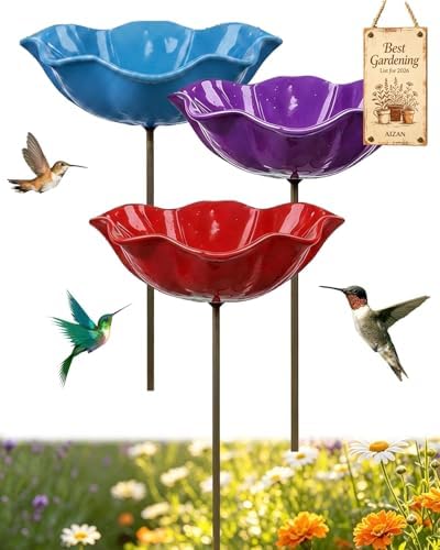 Handmade Metal Flower Garden Stakes Bird Bath, Bee Watering Station Butterfly Feeder with Colorful Flower Design Pollinator Hummingbird Water Bowl Puddler with Stand for Outdoor Yard Decor(Set 9) by Unknown
