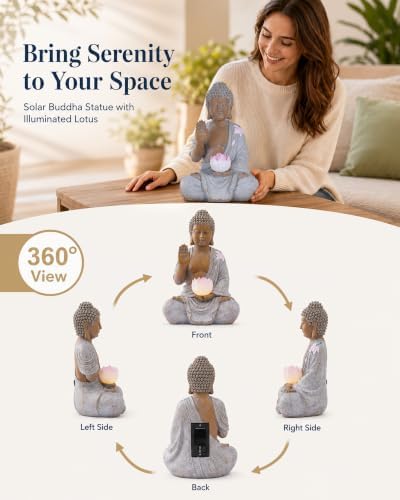 Nacome Solar Buddha Garden Statue Decor: Sitting Figurine with Lotus Light - Image 3
