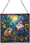 Gnome and Hedgehog Friends Stained Glass Suncatcher – Square Hanging Window Panel for Home or Greenhouse – Whimsical Glass Art Gift for Garden Lovers, Christmas, Halloween, Father Days Mqinb4 by Custom