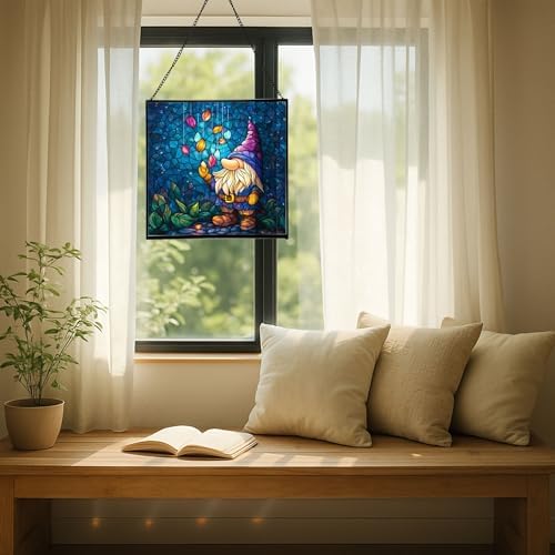 Rain Petal Gnome Stained Glass Suncatcher – Square Hanging Window Panel for Home or Greenhouse – Whimsical Glass Art Gift for Garden Lovers, Christmas, Halloween, Father Days El46GY - Image 7