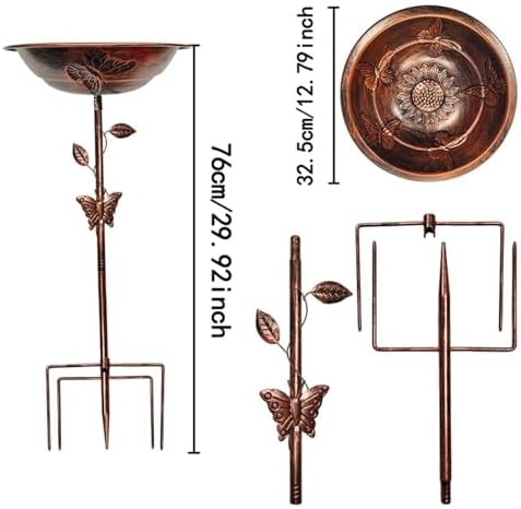 Bird Bath Bowl Outdoor Birdbath Birdfeeder Iron Decor Metal Stake Patio Stand Spa Decoration Vintage Copper Iron Build for Long, Red Bronze Butterfly - Image 3