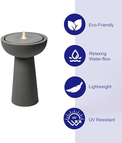 23.23" H Outdoor Water Fountain Made with Eco-Friendly Recyclable Materials, Polyethylene Bird Bath Bubbler Water Fountain Outdoor, Garden Decor with LED Light & Pump for Patio (Andesite) - Image 3