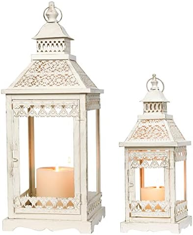 NEEDOMO Lanterns Decorative Outdoor & Indoor, Set of 2 Outdoor Lanterns for Porch,Large Square Candle Lantern, Beige Metal Frame with Glass for Fall, Christmas - Image 6