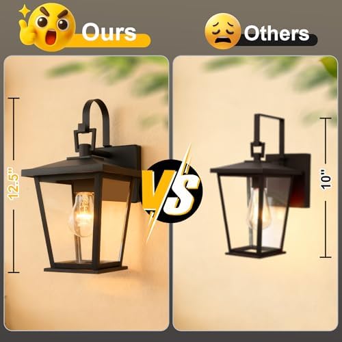 Kalium Outdoor Wall Lantern 2 Pack, Waterproof Exterior Wall Mount Light with Clear Glass in Black Finish, Porch Outside Lighting for Entryway, Backyard, Patio, E26 Base, Clear Glass 12.5 in - Image 5