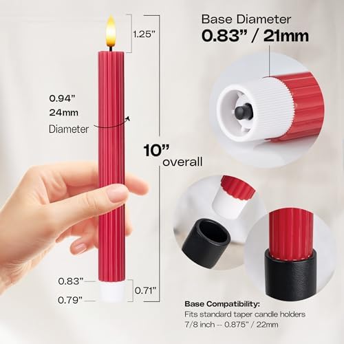12 Pack, 10" LED Flameless Real Wax Red Fluted Ribbed Grooved Taper Candles, Remote & 24h Timer Memory, On/Off Button, Dimmable, Flicker Mode, Battery Operated, Wedding - Image 3