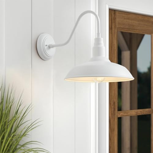 14 Inch Dome Outdoor Gooseneck Barn Light Fixture for Farmhouse, White Exterior Goose Neck Wall Mount Lights for Porch, Barn Style Wall Sconce Lighting for Patio, Garage - Image 4