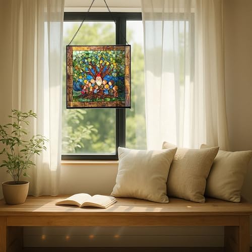Gnome with Family Tree Stained Glass Suncatcher – Square Hanging Window Panel for Home, Garden, Nursery, Halloween, Christmas, Memorial Day – Whimsical Glass Art Gift for Gnome Lovers gvvriz - Image 7