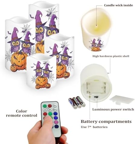 Pumpkin Lantern Owl Flameless Candles with Remote Color Changing Pillar Candles Battery Operated Tea Light for Halloween Party Decor Led Electric Candles Outdoor Home Decorations - Image 3