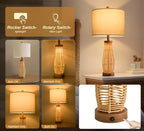 OYEARS 28" Table Lamps Set of 2 with Dual Night Lights, Bedside Lamps for Bedroom, Boho Lamp for Living Room, Rattan Table Lamp with Linen Shade, Farmhouse Lamp with Wood Grain Finish (Bulb Included) - Image 3
