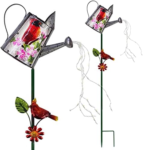 Garden Solar Lights Outdoor, Metal Watering Can Garden Stake Lights Cardinal Bird Decor Glass Art for Walkway, Pathway, Yard, Lawn by WUFEILY