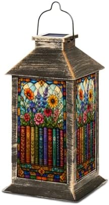 Solar Lantern Colorful Stained Glass Style Bookshelf Flowers Botanical Outdoor Waterproof Hanging Solar Light Outside Lights for Patio Yard House Lawn Decor Birthday Gifts for Women Mom by Unknown