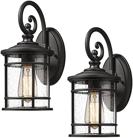 Emliviar Modern Porch Lights 2 Pack - Outdoor Wall Light Fixtures Wall Mount for Garage, Black Finish with Seeded Glass Shade, XE229B-S-2PK BK by EMLIVIAR