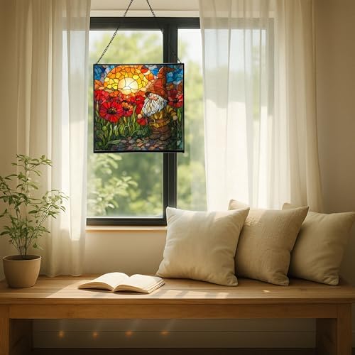 Gnome with Poppy Field Stained Glass Suncatcher – Square Hanging Window Panel for Home or Greenhouse – Whimsical Glass Art Gift for Garden Lovers, Christmas, Halloween, Father Days wWvZmC - Image 7