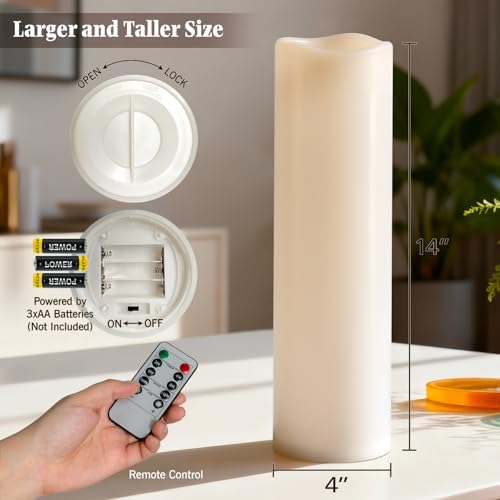 4" x 14" Large Waterproof Outdoor Flameless Candles Battery Operated LED Pillar Candles for Indoor Outdoor Lanterns, Off White, Long Lasting, Set of 2 - Image 7