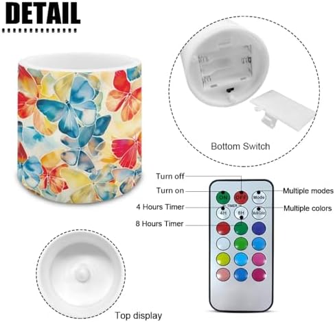 Colorful Butterfly Pattern Flameless Candles Battery Powered LED Pillar Candle Tealights Home Decoration Remote 3 x 3 Inches for Wedding Beach Party Decor, Set of 4 - Image 6