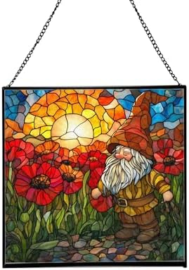 Gnome with Poppy Field Stained Glass Suncatcher – Square Hanging Window Panel for Home or Greenhouse – Whimsical Glass Art Gift for Garden Lovers, Christmas, Halloween, Father Days wWvZmC by Custom