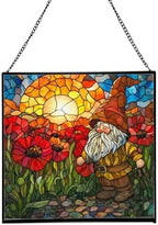 Gnome with Poppy Field Stained Glass Suncatcher – Square Hanging Window Panel for Home or Greenhouse – Whimsical Glass Art Gift for Garden Lovers, Christmas, Halloween, Father Days wWvZmC by Custom