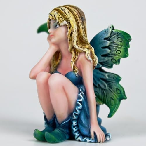 Fantasy Thoughtful Fairy Figurine, 3.15 Inch Blue-Green Gradient Elf Statue, Hand-Painted Resin Decor with Purple Hair Flower & Textured Wings for Desk, Fairy Garden, Plant Pot - Image 4