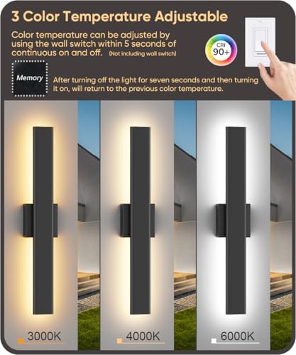 Aipsun 2 Packs LED Outdoor Wall Lights, 3000K 4000K 6000K, 23.6in Modern Black Outdoor Porch & Patio Wall Sconce, Linear Exterior Wall Light for Entrance, Hallway, Garage, Porch(3CCT) - Image 4