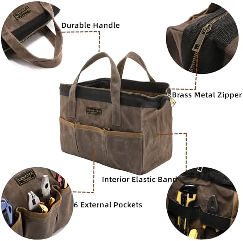 Tool Bag, 13-inch Heavy Duty 16oz Waxed Canvas Wide Mouth Water-Resistant Tool Pouch, Tool Tote with Handle for Tools, Wrenches, Screwdrivers (13 X 7.8 X 9 inch) | Grey - Image 3