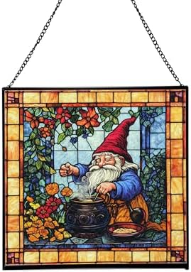 Gnome Making soap Stained Glass Suncatcher – Square Hanging Window Panel for Home, Garden, Nursery, Halloween, Christmas, Memorial Day – Whimsical Glass Art Gift for Gnome Lovers 7jdhqk by Custom