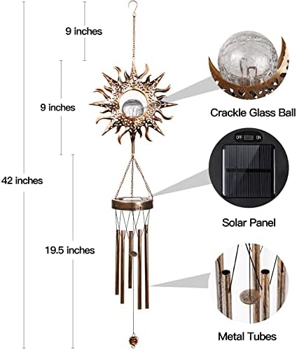 DesGully Solar Wind Chimes, Sun Wind Chime Outdoor Clearance w/Glowing Crackle Glass LED Unique Wind Bells for Outside Waterproof Chimes, Gifts for Her/Him (42" Long Metal Chimes)… - Image 6