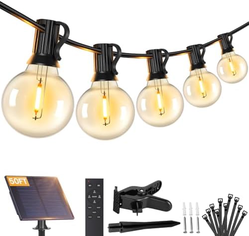 Brightever 50FT Solar String Lights Outdoor with Remote, 18+1 LED Shatterproof G40 Bulbs, 3 Lighting Modes & Timable, Waterproof Dimmable Solar Power Patio Lights for Camping, Backyard, Party by Brightever