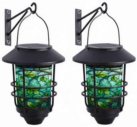 Solar Lanterns Outdoor Hanging Lights Stained Glass Leaves Glass Wall Lantern 2 Pack, Waterproof Decorative Solar Sconce with Wall Mount Kit for Garden Porch Fence Chicken Coop Summer Decor - Image 7